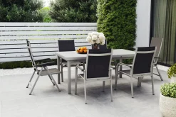Online BasicPlus Garten-Essgruppe, silber, Alu/Textilene, Tisch 180/240x100cm, 4 Stapel-, 2 Klappstühle Garten-Essgruppen|Aluminium-Gartenmöbel