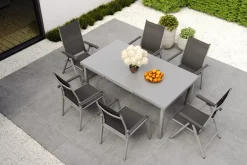 Online BasicPlus Garten-Essgruppe, silber, Alu/Textilene, Tisch 180/240x100cm, 4 Stapel-, 2 Klappstühle Garten-Essgruppen|Aluminium-Gartenmöbel