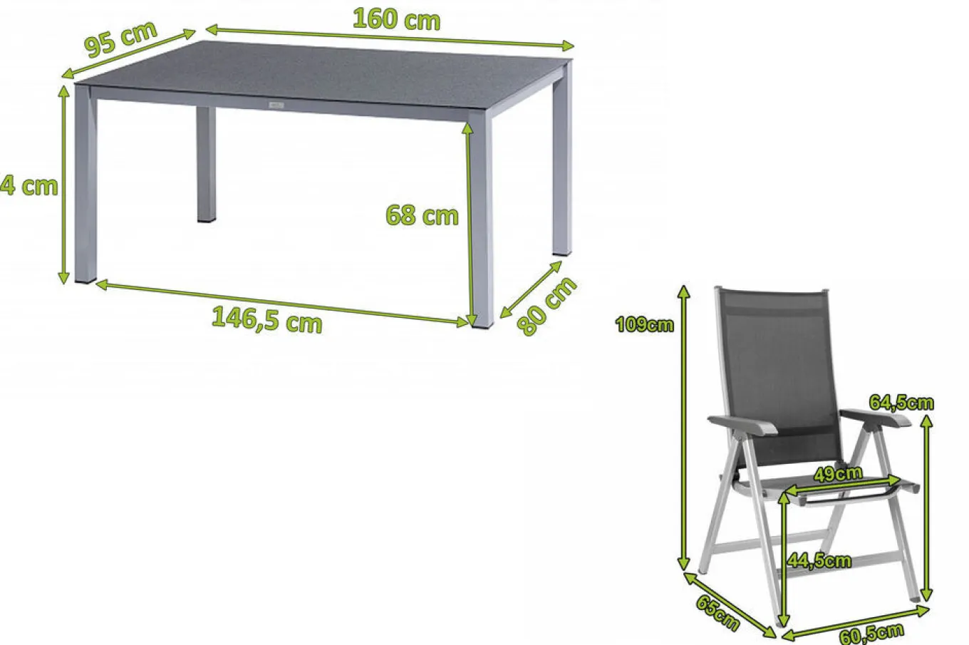 BasicPlus Garten-Essgruppe, silber/anthrazit, Alu/Spraystone/Textil, 160 x 95 cm, 4 Klappstühle Garten-Essgruppen