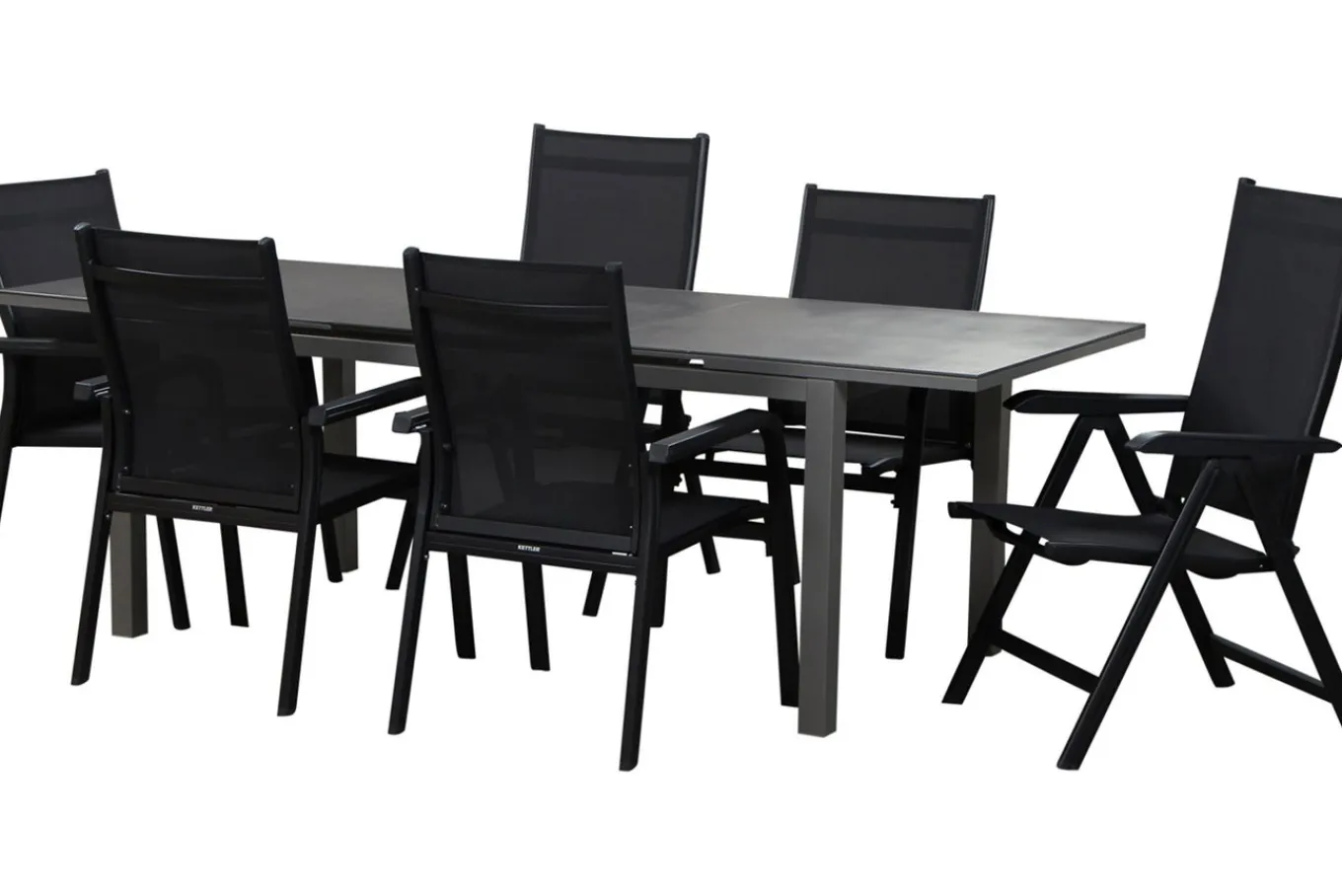 Discount Basic Plus Garten-Essgruppe, anthrazit/anthrazit, Alu/Textilene, 180/240x90cm, 4 Stapel-, 2 Klappstühle Garten-Essgruppen|Aluminium-Gartenmöbel