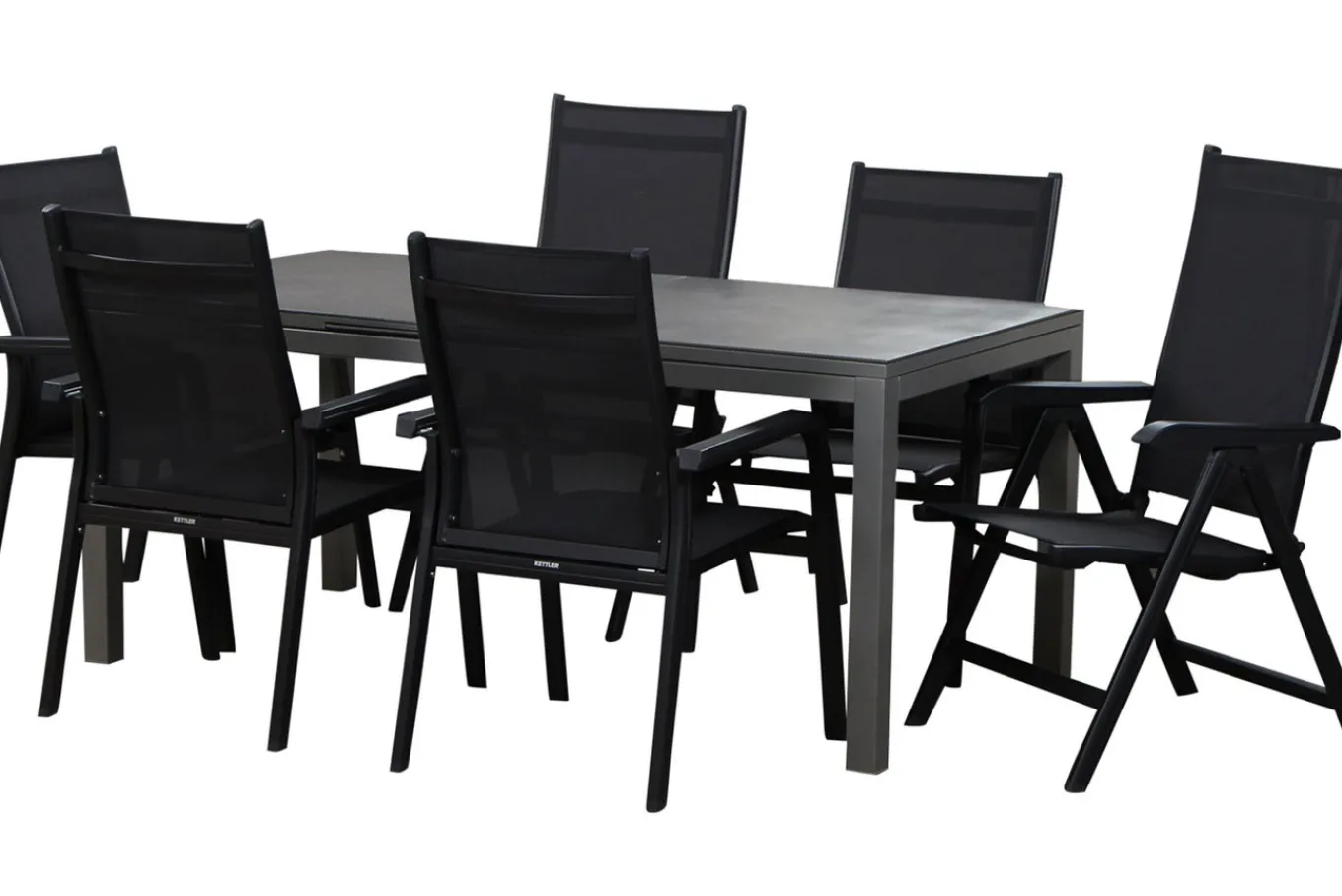 Discount Basic Plus Garten-Essgruppe, anthrazit/anthrazit, Alu/Textilene, 180/240x90cm, 4 Stapel-, 2 Klappstühle Garten-Essgruppen|Aluminium-Gartenmöbel