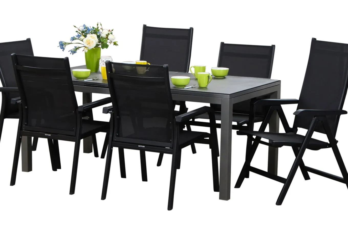 Discount Basic Plus Garten-Essgruppe, anthrazit/anthrazit, Alu/Textilene, 180/240x90cm, 4 Stapel-, 2 Klappstühle Garten-Essgruppen|Aluminium-Gartenmöbel