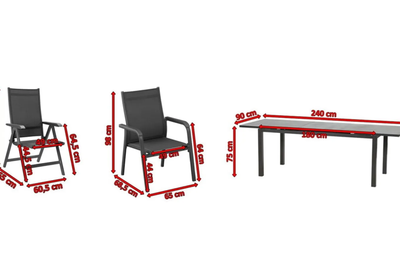 Discount Basic Plus Garten-Essgruppe, anthrazit/anthrazit, Alu/Textilene, 180/240x90cm, 4 Stapel-, 2 Klappstühle Garten-Essgruppen|Aluminium-Gartenmöbel