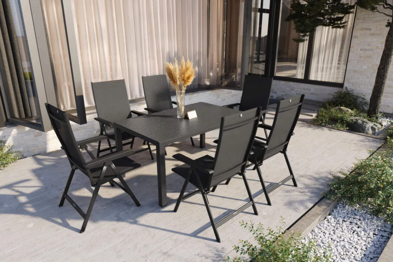 Outlet BasicPlus Garten-Essgruppe, anthrazit, Alu/Spraystone/Textil, 160 x 95 cm, 6 Klappstühle Garten-Essgruppen