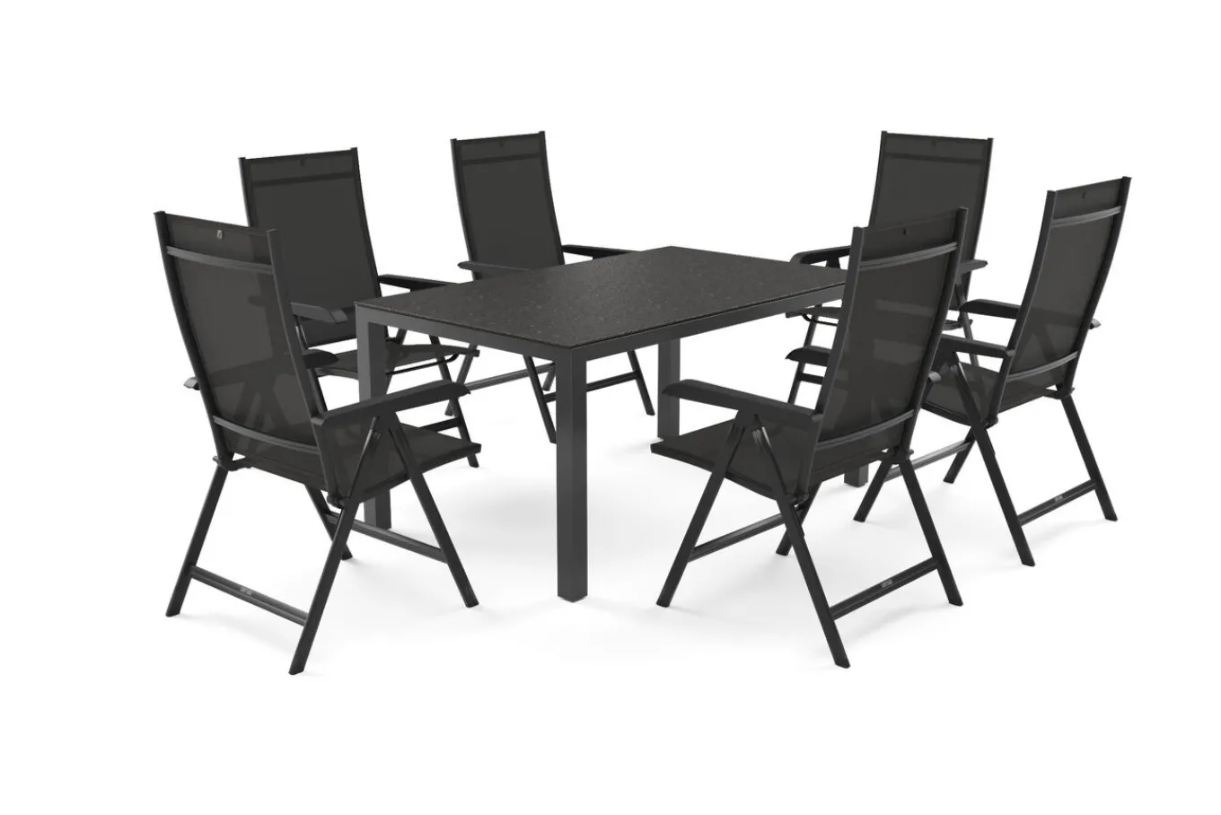 Outlet BasicPlus Garten-Essgruppe, anthrazit, Alu/Spraystone/Textil, 160 x 95 cm, 6 Klappstühle Garten-Essgruppen