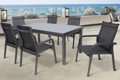 Best BasicPlus Garten-Essgruppe, anthrazit, Alu/Textilene, Tisch 180/240x100cm, 6 Stapelsessel Garten-Essgruppen