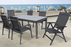 Discount BasicPlus Garten-Essgruppe, anthrazit, Alu/Textilene, Tisch 180/240x100cm, 4 Stapel-, 2 Klappstühle Garten-Essgruppen