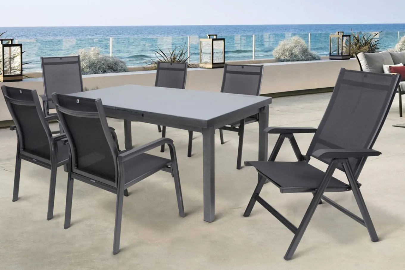Discount BasicPlus Garten-Essgruppe, anthrazit, Alu/Textilene, Tisch 180/240x100cm, 4 Stapel-, 2 Klappstühle Garten-Essgruppen