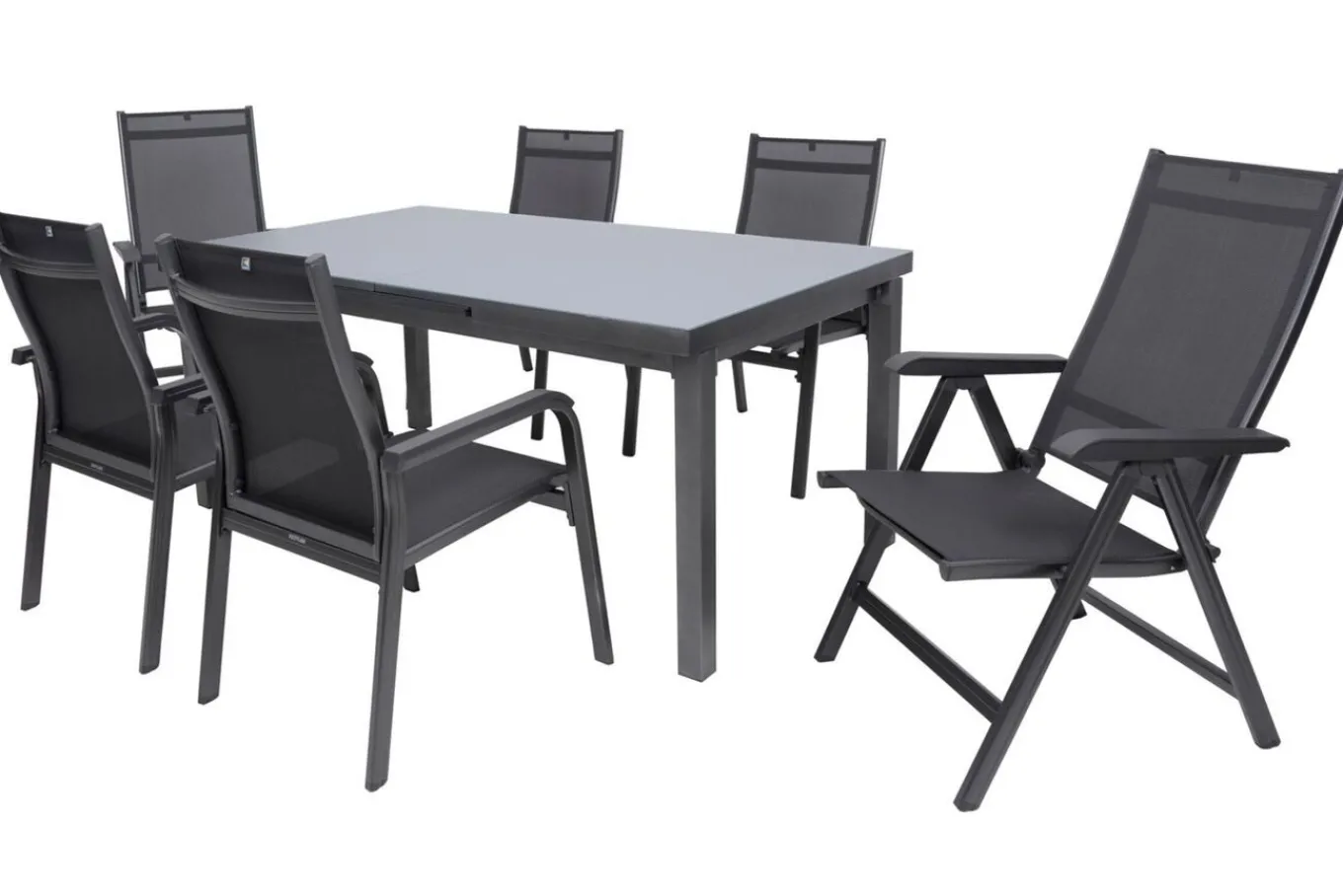 Discount BasicPlus Garten-Essgruppe, anthrazit, Alu/Textilene, Tisch 180/240x100cm, 4 Stapel-, 2 Klappstühle Garten-Essgruppen