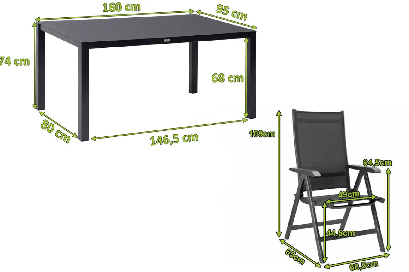 Online BasicPlus Garten-Essgruppe, anthrazit, Alu/Spraystone/Textil, 160 x 95 cm, 4 Klappstühle Garten-Essgruppen