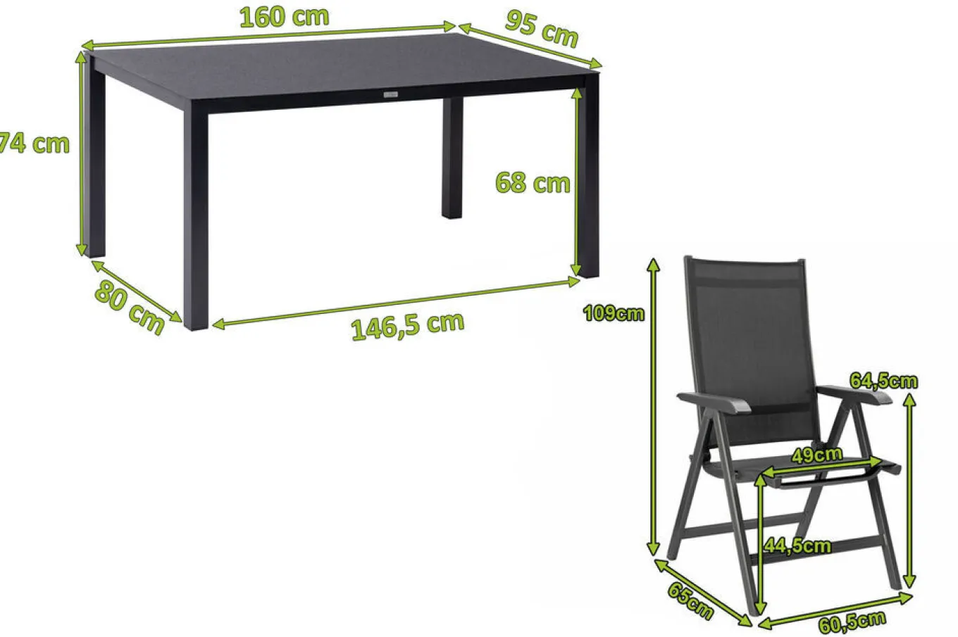 Online BasicPlus Garten-Essgruppe, anthrazit, Alu/Spraystone/Textil, 160 x 95 cm, 4 Klappstühle Garten-Essgruppen