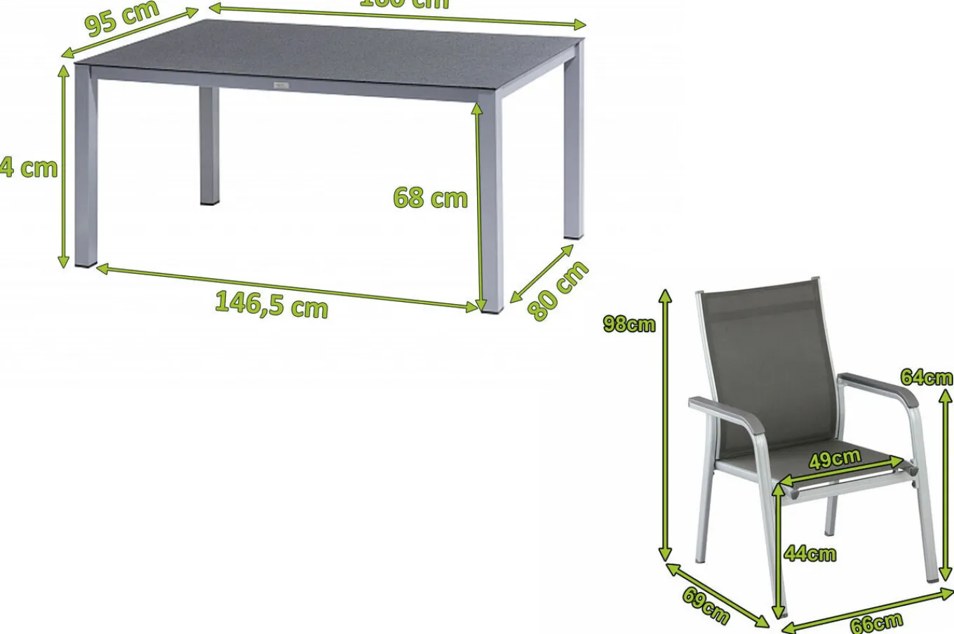 Hot BasicPlus Garten-Essgruppe, silber/anthrazit, Alu/Spraystone/Textil, 160x95 cm, 4 Stapelsessel Garten-Essgruppen|Aluminium-Gartenmöbel