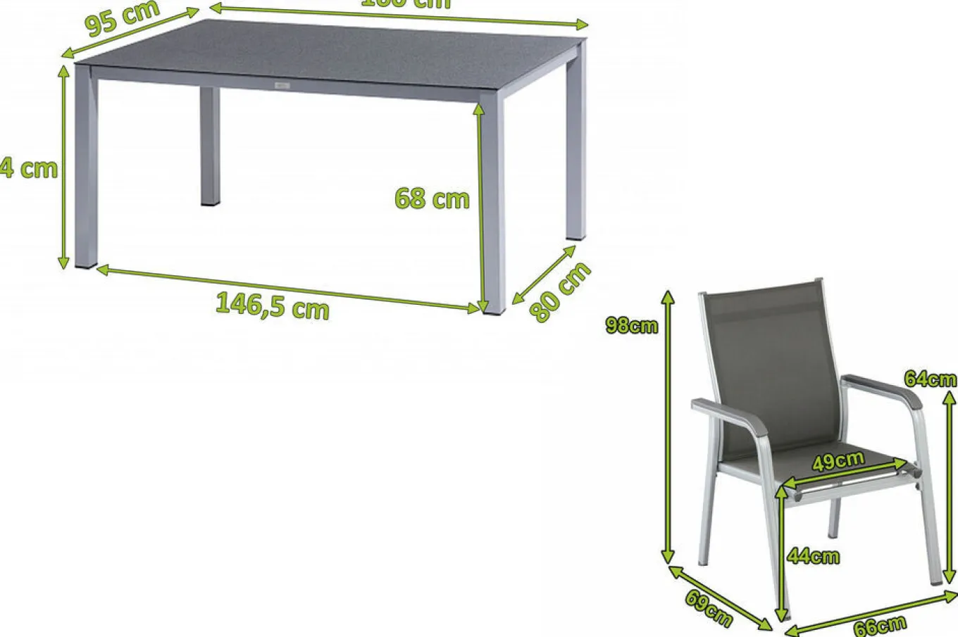 Hot BasicPlus Garten-Essgruppe, silber/anthrazit, Alu/Spraystone/Textil, 160x95 cm, 4 Stapelsessel Garten-Essgruppen|Aluminium-Gartenmöbel