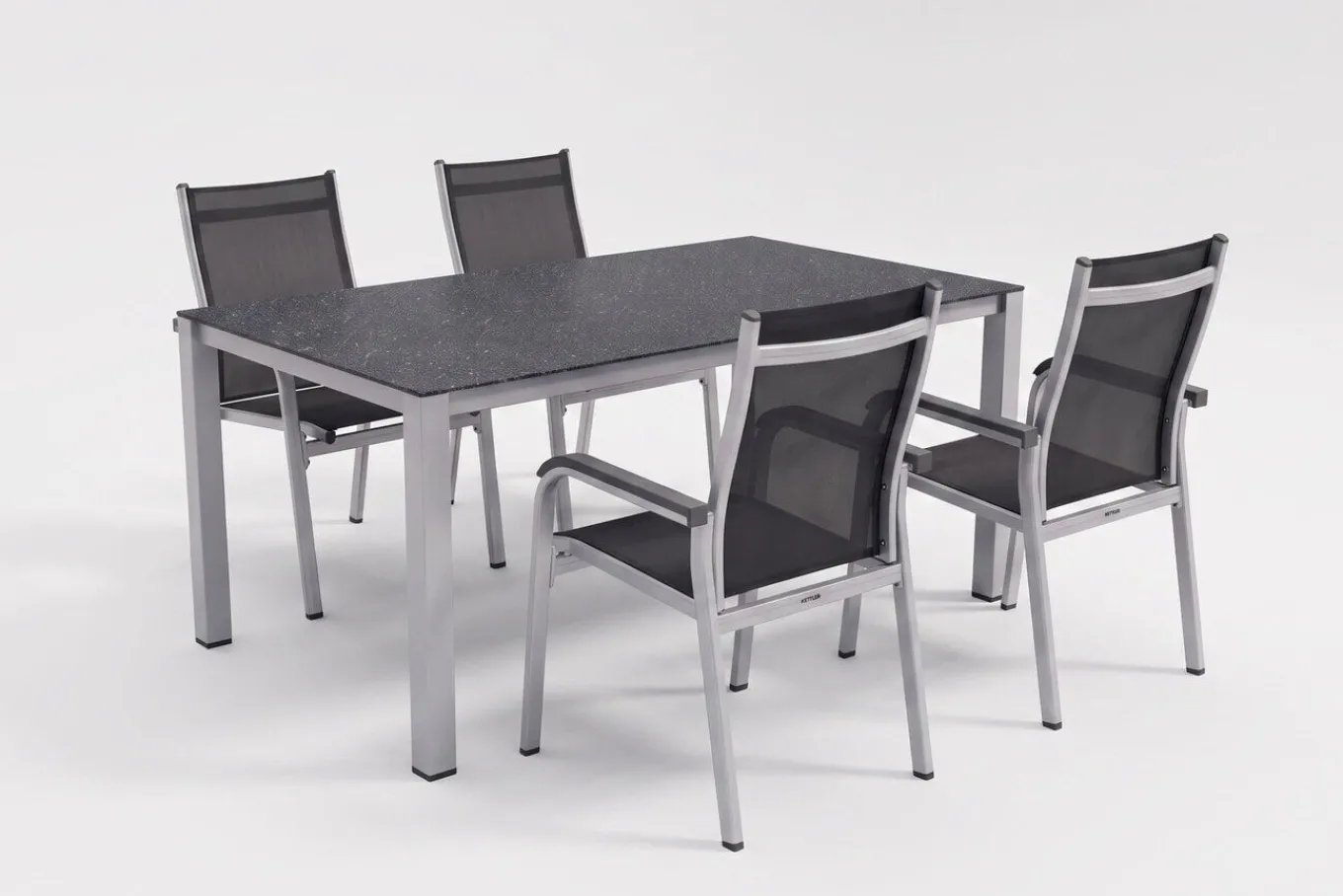 Hot BasicPlus Garten-Essgruppe, silber/anthrazit, Alu/Spraystone/Textil, 160x95 cm, 4 Stapelsessel Garten-Essgruppen|Aluminium-Gartenmöbel