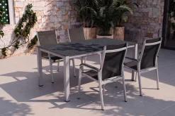 Hot BasicPlus Garten-Essgruppe, silber/anthrazit, Alu/Spraystone/Textil, 160x95 cm, 4 Stapelsessel Garten-Essgruppen|Aluminium-Gartenmöbel