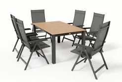 Outlet BasicPlus Garten-Essgruppe mit 6 Sesseln & Tisch, anthrazit matt, Alu/Textilene, ausziehbar & klappbar Garten-Essgruppen|Aluminium-Gartenmöbel