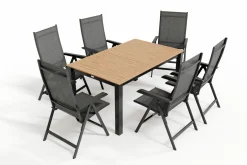 Outlet BasicPlus Garten-Essgruppe mit 6 Sesseln & Tisch, anthrazit matt, Alu/Textilene, ausziehbar & klappbar Garten-Essgruppen|Aluminium-Gartenmöbel