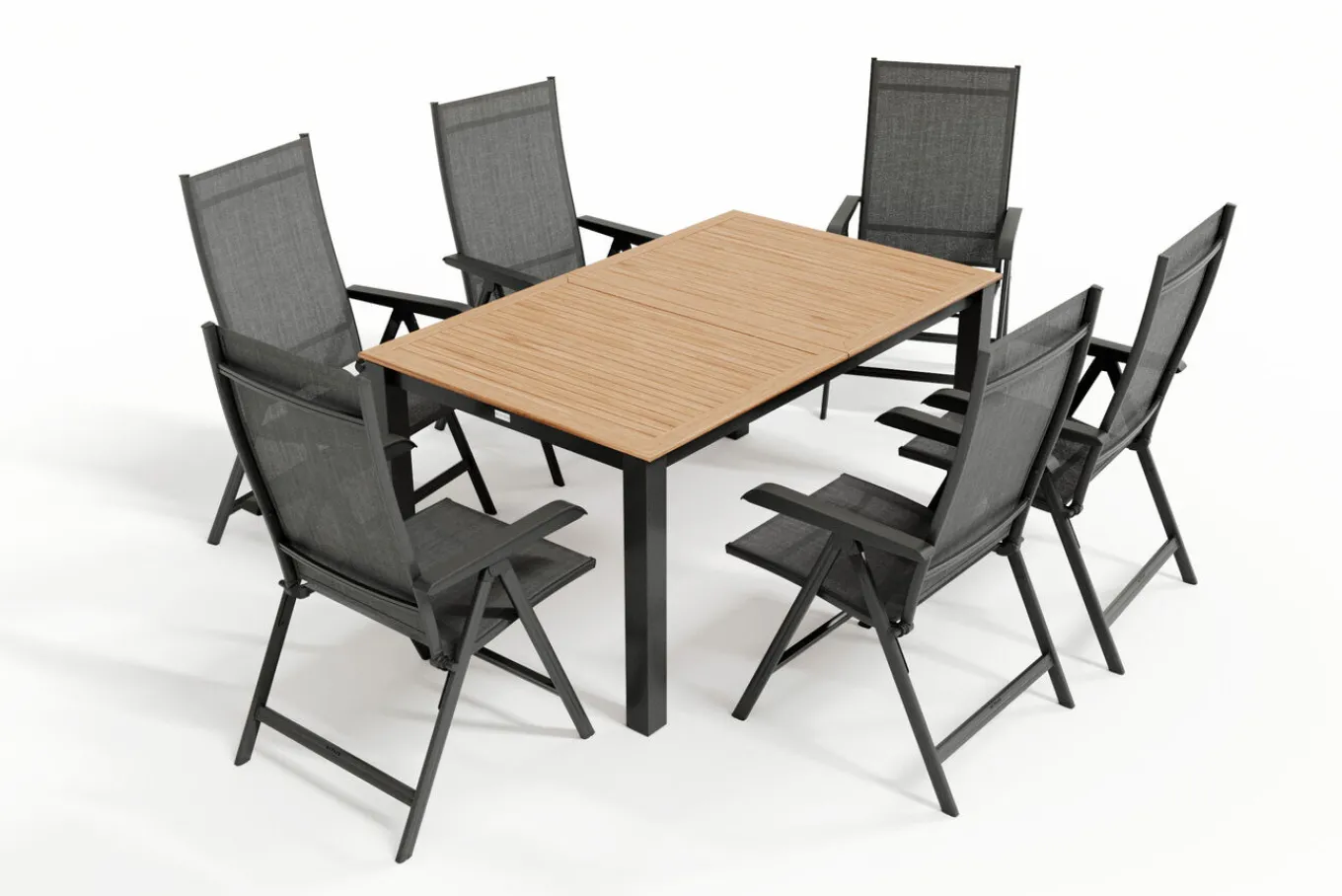 Outlet BasicPlus Garten-Essgruppe mit 6 Sesseln & Tisch, anthrazit matt, Alu/Textilene, ausziehbar & klappbar Garten-Essgruppen|Aluminium-Gartenmöbel