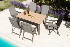 Outlet BasicPlus Garten-Essgruppe mit 6 Sesseln & Tisch, anthrazit matt, Alu/Textilene, ausziehbar & klappbar Garten-Essgruppen|Aluminium-Gartenmöbel