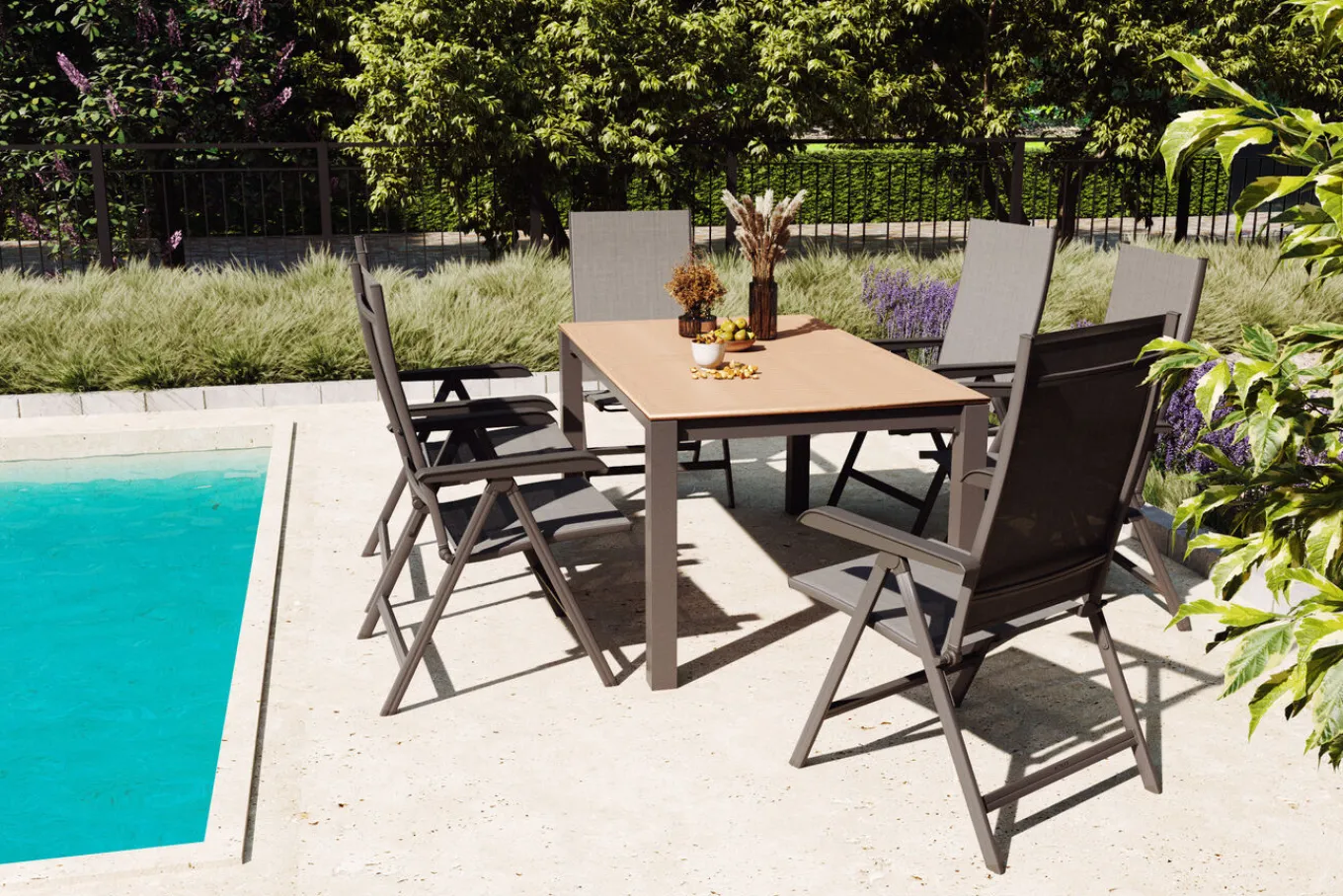 Outlet BasicPlus Garten-Essgruppe mit 6 Sesseln & Tisch, anthrazit matt, Alu/Textilene, ausziehbar & klappbar Garten-Essgruppen|Aluminium-Gartenmöbel
