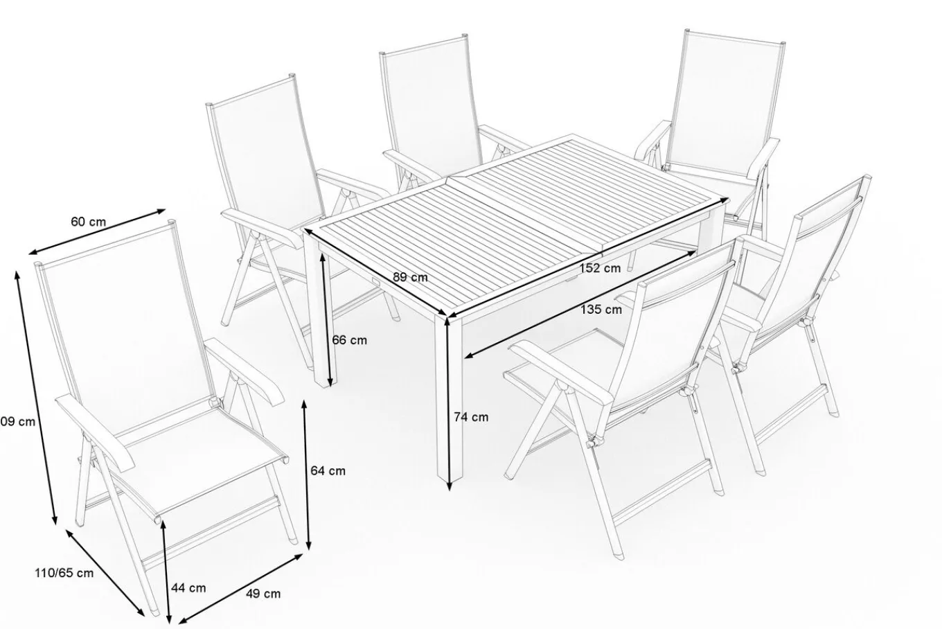 Outlet BasicPlus Garten-Essgruppe mit 6 Sesseln & Tisch, anthrazit matt, Alu/Textilene, ausziehbar & klappbar Garten-Essgruppen|Aluminium-Gartenmöbel