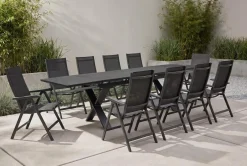 BasicPlus Garten-Essgruppe, anthrazit, Alu / Spraystone / Textil, Tisch 180/280x100cm, 10 Klappstühle Garten-Essgruppen