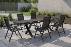 Outlet BasicPlus Garten-Essgruppe, anthrazit, Alu / Spraystone / Textil, Tisch 180/280x100cm, 6 Klappstühle Garten-Essgruppen|Aluminium-Gartenmöbel