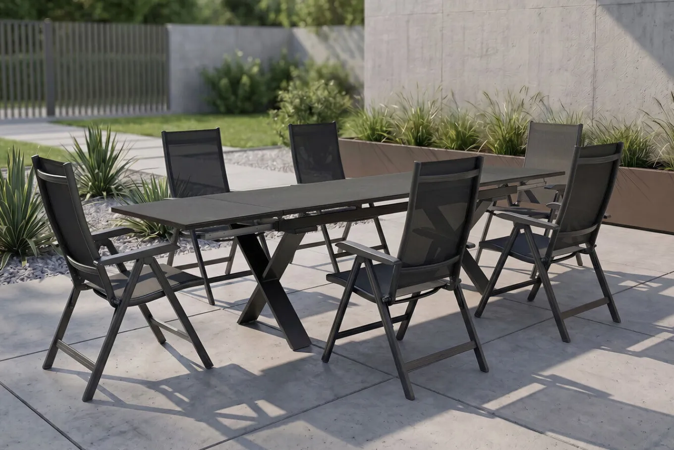 Outlet BasicPlus Garten-Essgruppe, anthrazit, Alu / Spraystone / Textil, Tisch 180/280x100cm, 6 Klappstühle Garten-Essgruppen|Aluminium-Gartenmöbel