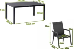 Best BasicPlus Garten-Essgruppe, anthrazit, Alu/Spraystone/Textil, 160x95 cm, 6 Stapelsessel Garten-Essgruppen