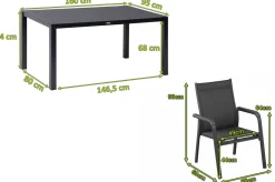Best BasicPlus Garten-Essgruppe, anthrazit, Alu/Spraystone/Textil, 160x95 cm, 6 Stapelsessel Garten-Essgruppen
