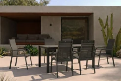 Best BasicPlus Garten-Essgruppe, anthrazit, Alu/Spraystone/Textil, 160x95 cm, 6 Stapelsessel Garten-Essgruppen