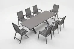 Clearance BasicPlus Garten-Essgruppe, anthrazit, Alu / Spraystone / Textil, Tisch 180/280 x 100 cm, 6 Stapelsessel, 2 Klappstühle Garten-Essgruppen|Aluminium-Gartenmöbel