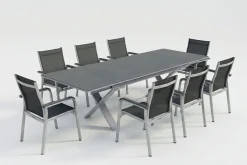 Best BasicPlus Garten-Essgruppe, silber / anthrazit, Alu / Spraystone / Textil, Tisch 180/280x100cm, 8 Stapelsessel Garten-Essgruppen