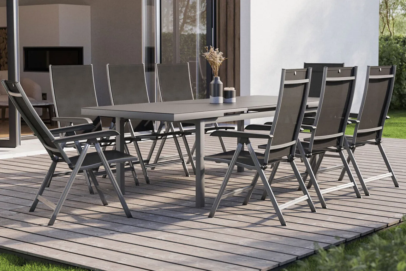 Best BasicPlus Garten-Essgruppe, 8 Personen, ausziehbar, 180-240cm, Alu/Textilene, Klappstühle Garten-Essgruppen|Aluminium-Gartenmöbel