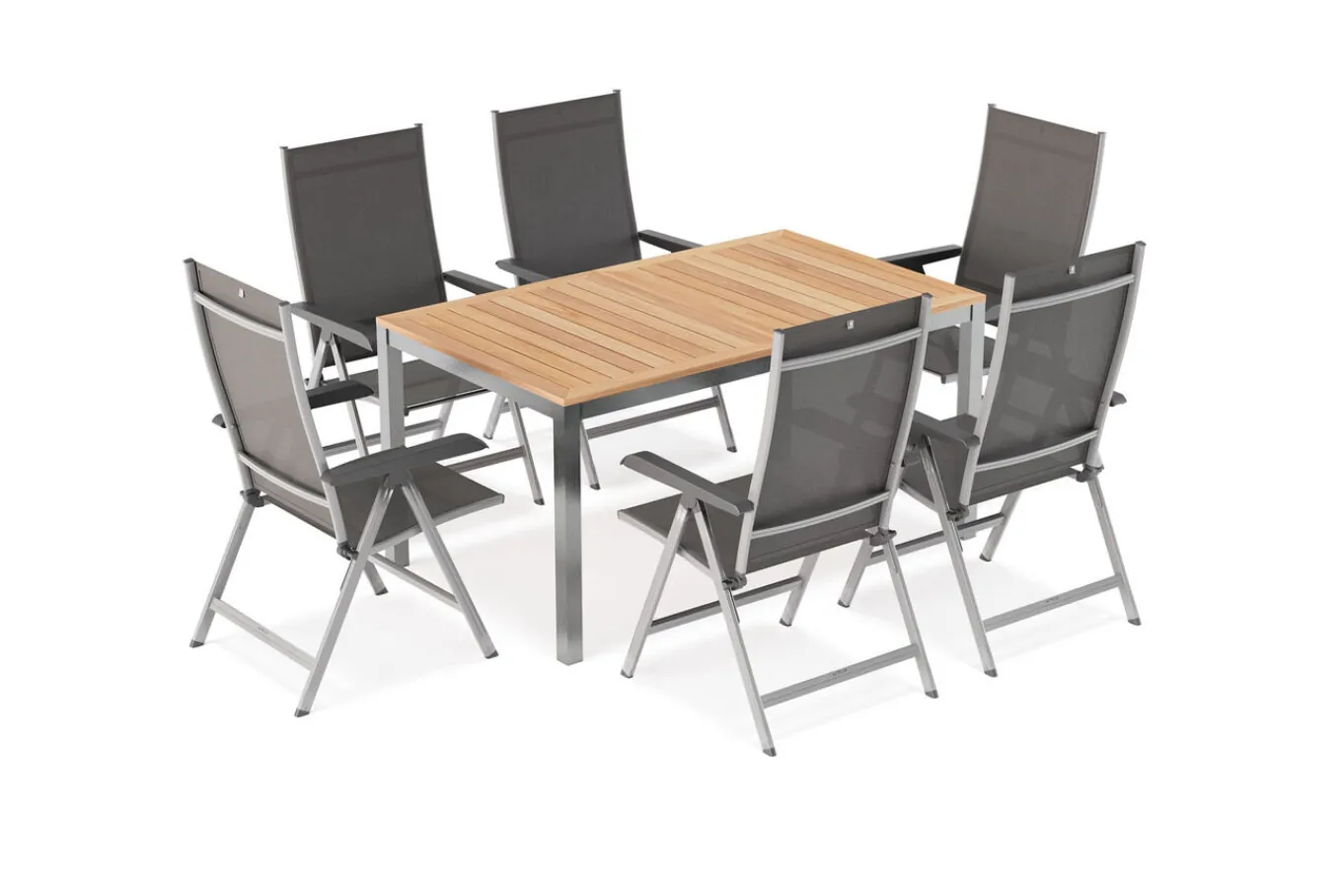Hot BasicPlus Garten-Essgruppe mit 6 Sesseln, silber/anthrazit, Alu/Edelstahl, ausziehbar & klappbar, UV-beständig, pflegeleicht Garten-Essgruppen|Edelstahl-Gartenmöbel