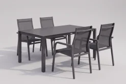 Outlet BasicPlus Garten-Essgruppe, anthrazit, Alu/Spraystone/Textil, 160x95 cm, 4 Stapelsessel Garten-Essgruppen|Aluminium-Gartenmöbel