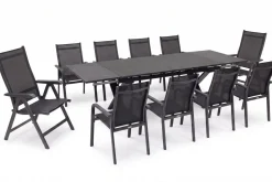 BasicPlus Garten-Essgruppe, anthrazit, Alu / Spraystone / Textil, Tisch 180/280 x 100 cm, 8 Stapelsessel, 2 Klappstühle Garten-Essgruppen