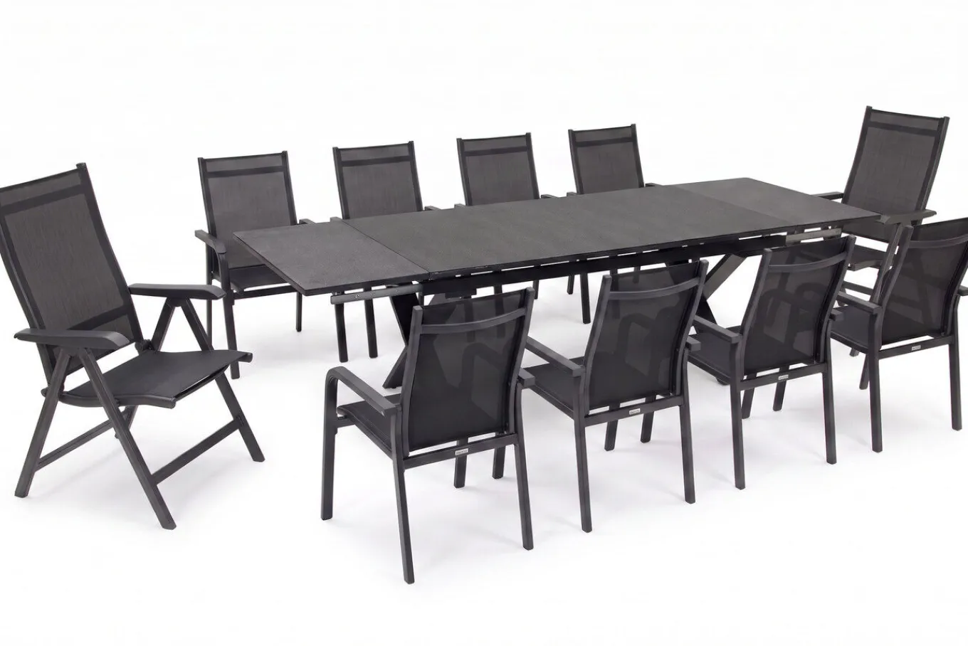 BasicPlus Garten-Essgruppe, anthrazit, Alu / Spraystone / Textil, Tisch 180/280 x 100 cm, 8 Stapelsessel, 2 Klappstühle Garten-Essgruppen