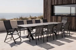 BasicPlus Garten-Essgruppe, anthrazit, Alu / Spraystone / Textil, Tisch 180/280 x 100 cm, 8 Stapelsessel, 2 Klappstühle Garten-Essgruppen