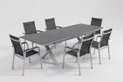 Hot BasicPlus Garten-Essgruppe, silber / anthrazit, Alu / Spraystone / Textil, Tisch 180/280x100cm, 6 Stapelsessel Garten-Essgruppen