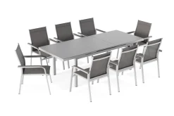 Discount BasicPlus Garten-Essgruppe, silber, Alu/Textilene, Tisch 180/240x100cm, 8 Stapelsessel Garten-Essgruppen