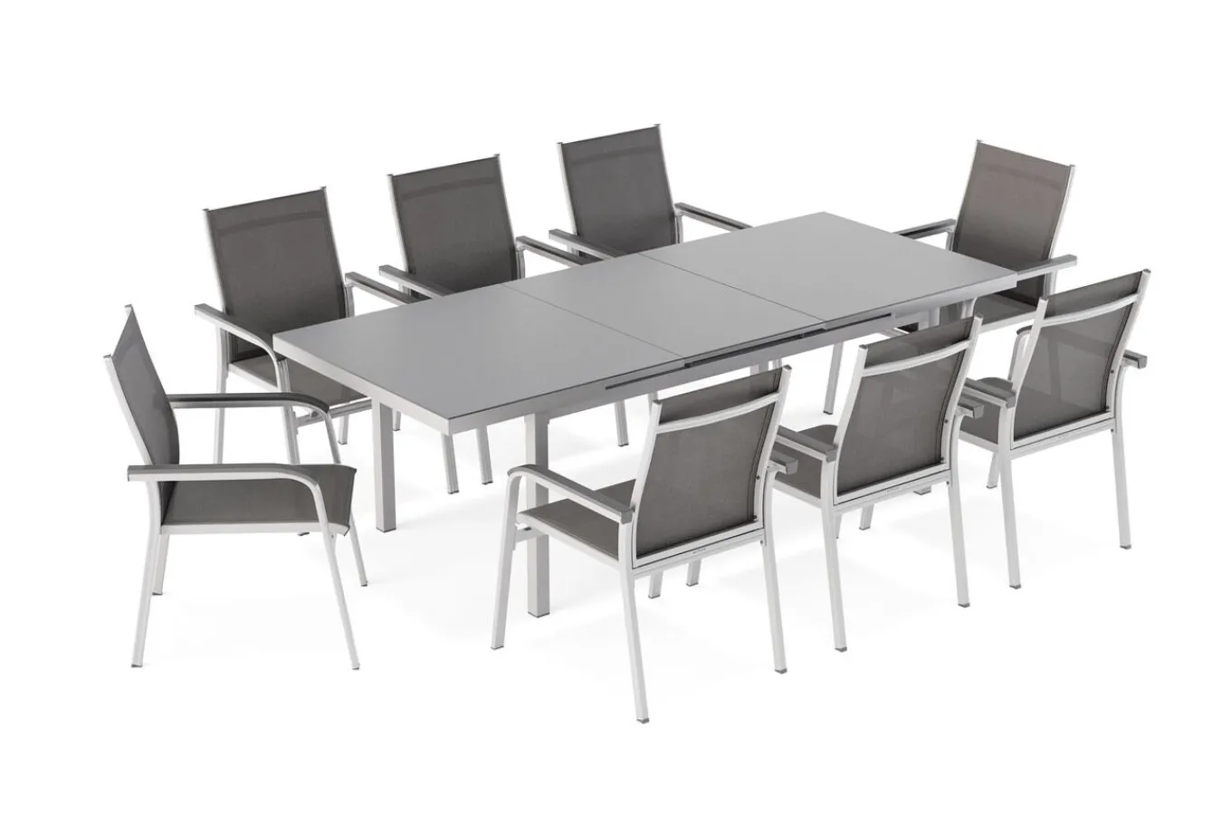 Discount BasicPlus Garten-Essgruppe, silber, Alu/Textilene, Tisch 180/240x100cm, 8 Stapelsessel Garten-Essgruppen