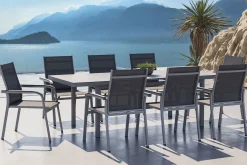 Discount BasicPlus Garten-Essgruppe, silber, Alu/Textilene, Tisch 180/240x100cm, 8 Stapelsessel Garten-Essgruppen