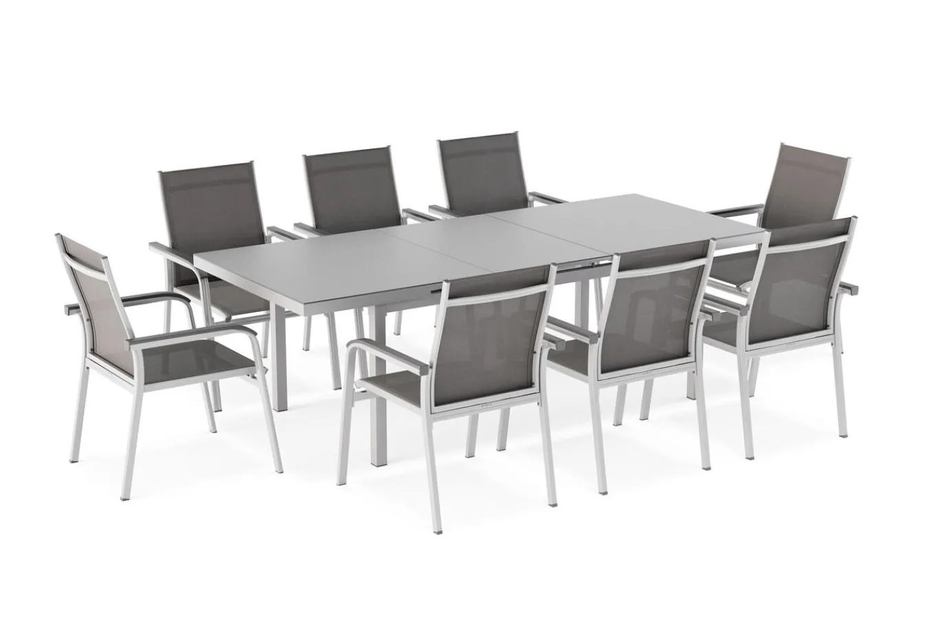 Discount BasicPlus Garten-Essgruppe, silber, Alu/Textilene, Tisch 180/240x100cm, 8 Stapelsessel Garten-Essgruppen
