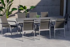 Discount BasicPlus Garten-Essgruppe, silber, Alu/Textilene, Tisch 180/240x100cm, 8 Stapelsessel Garten-Essgruppen