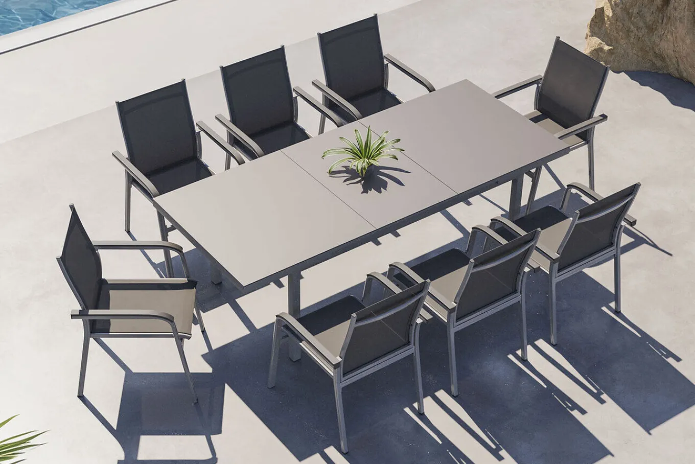 Discount BasicPlus Garten-Essgruppe, silber, Alu/Textilene, Tisch 180/240x100cm, 8 Stapelsessel Garten-Essgruppen