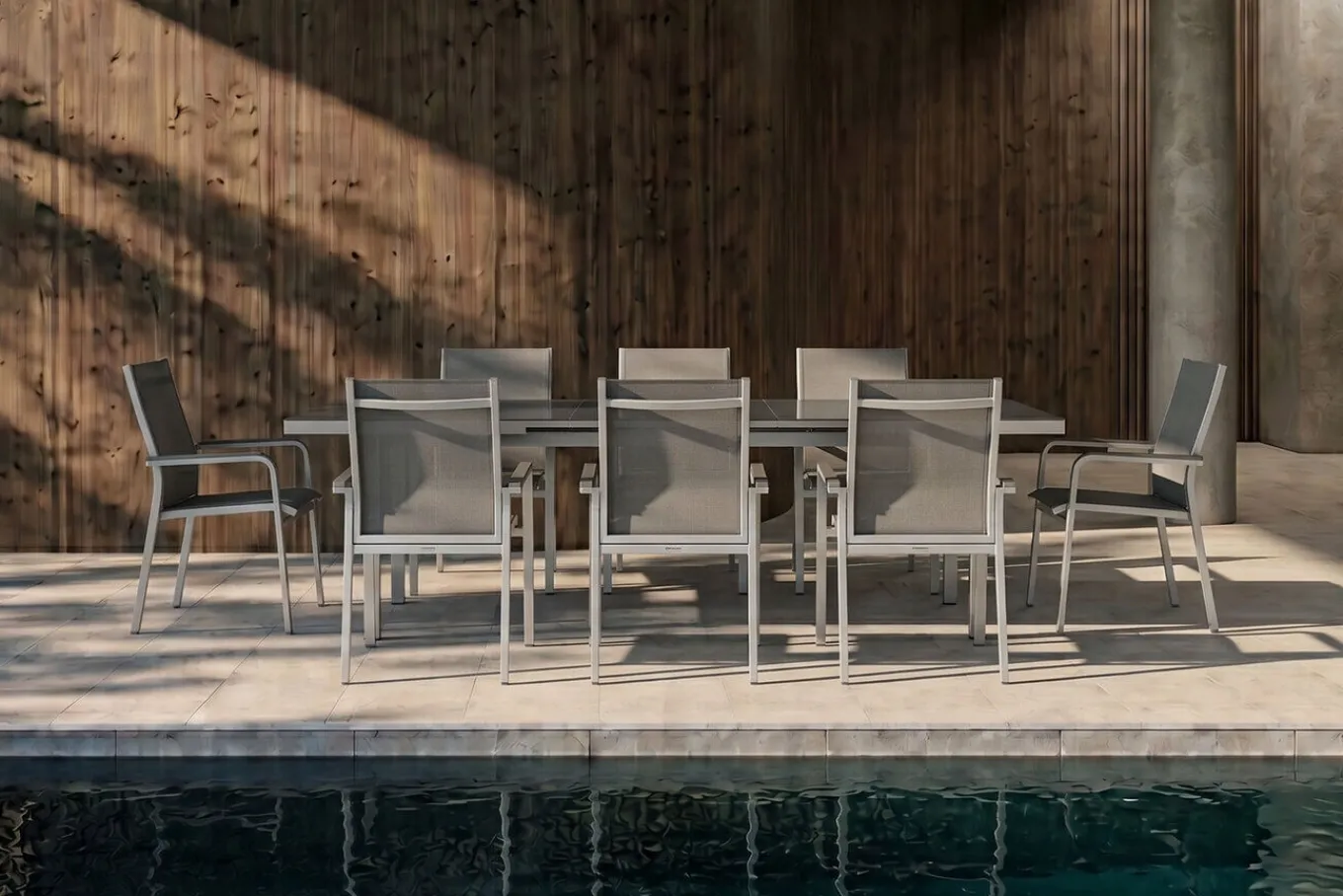 Discount BasicPlus Garten-Essgruppe, silber, Alu/Textilene, Tisch 180/240x100cm, 8 Stapelsessel Garten-Essgruppen