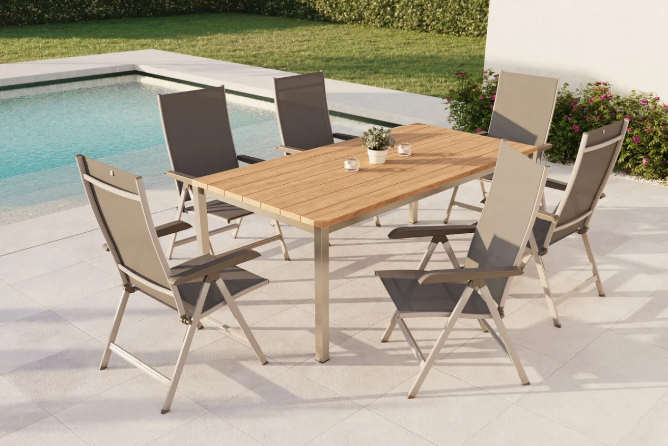Outlet BasicPlus Garten-Essgruppe mit 6 Sesseln, silber/anthrazit, Alu/Edelstahl, schmutzabweisend, platzsparend, pflegeleicht Garten-Essgruppen|Edelstahl-Gartenmöbel