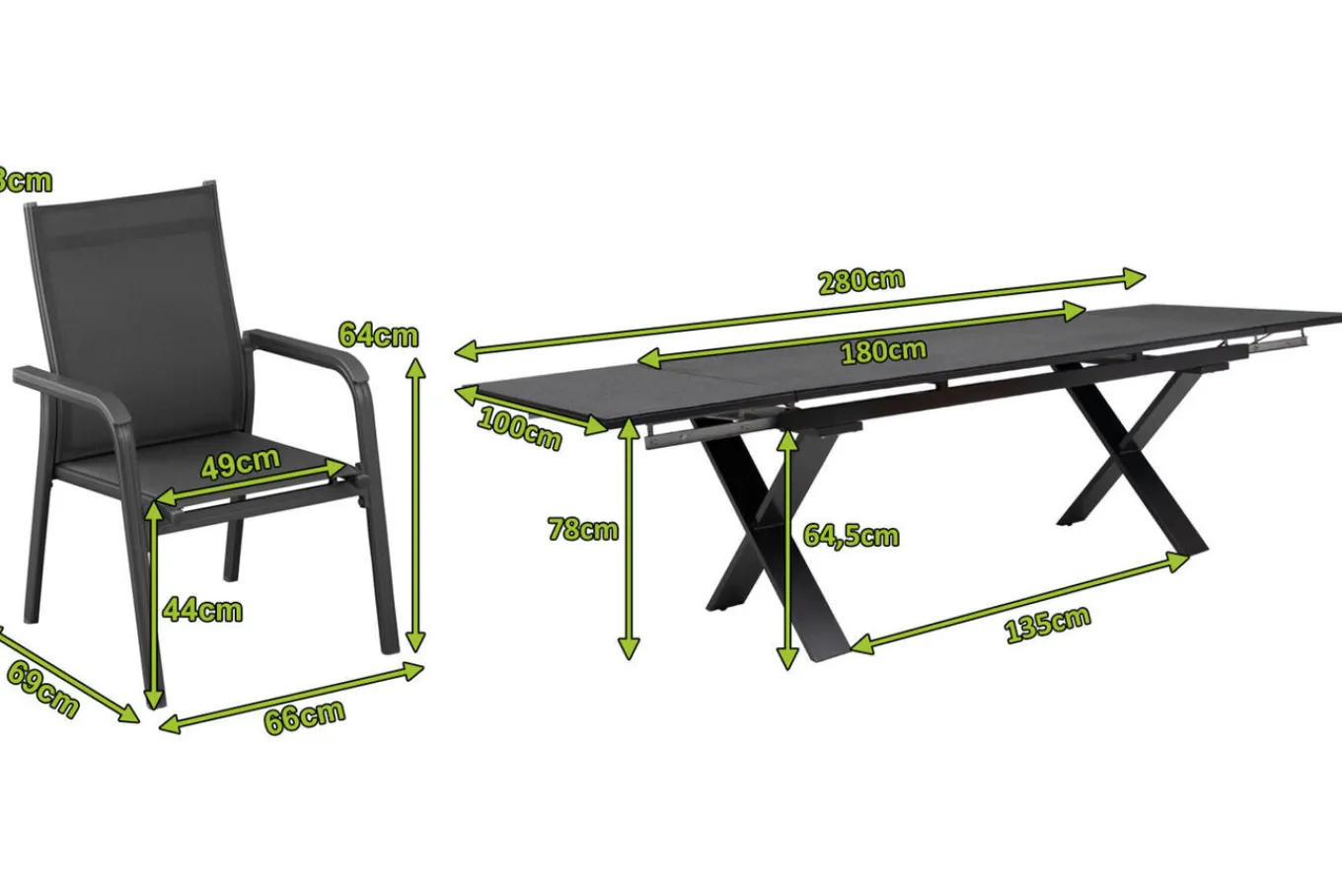 Sale BasicPlus Garten-Essgruppe, anthrazit, Alu / Spraystone / Textil, Tisch 180/280x100cm, 6 Stapelsessel Garten-Essgruppen