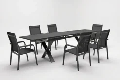 Sale BasicPlus Garten-Essgruppe, anthrazit, Alu / Spraystone / Textil, Tisch 180/280x100cm, 6 Stapelsessel Garten-Essgruppen